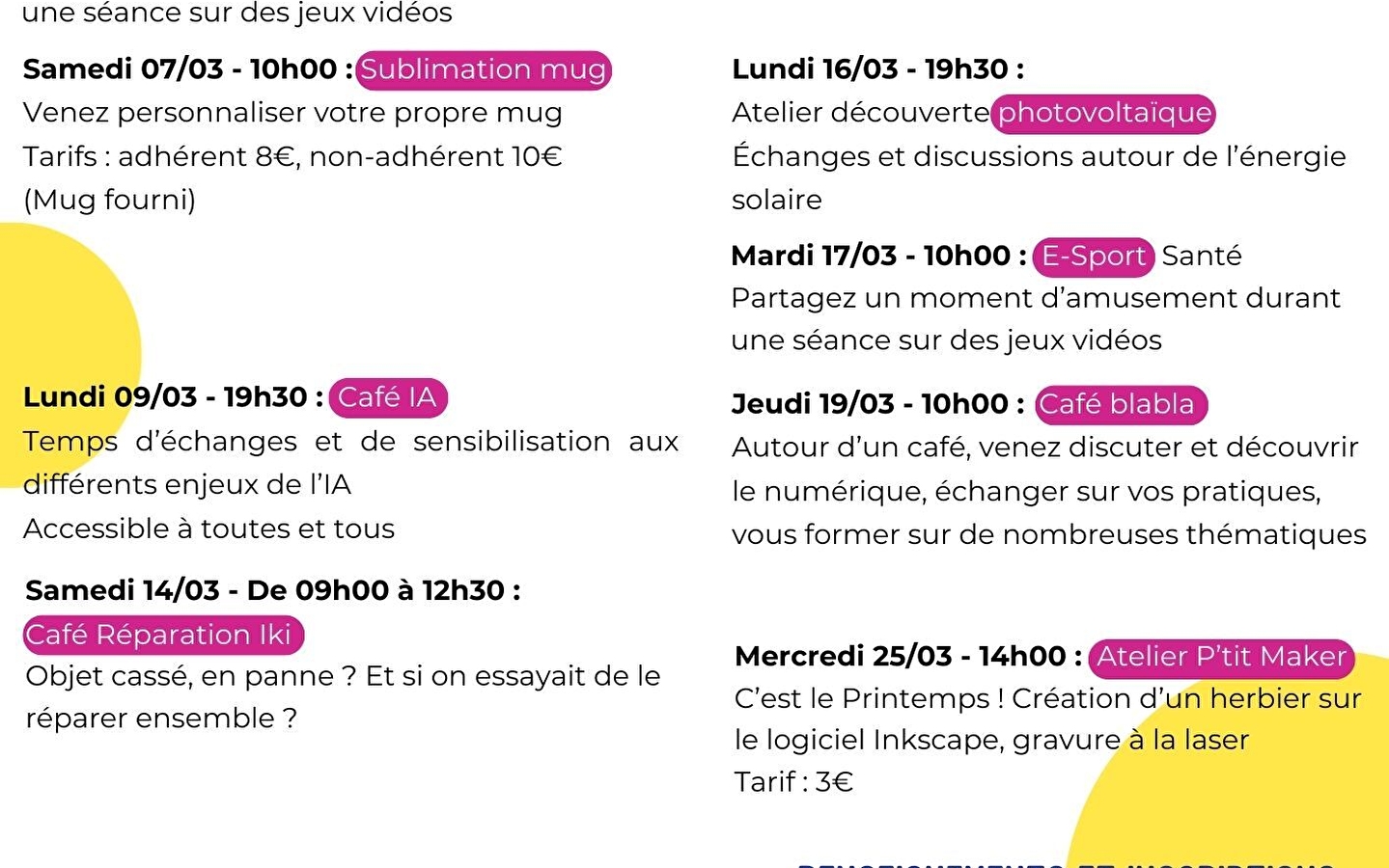 Programmation ateliers Fablab mars 2026