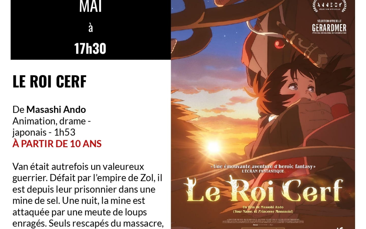 Séance cinéma 'Le Roi Cerf' Chevalerie Saint-Amour Mercredi 25 mai 20h30