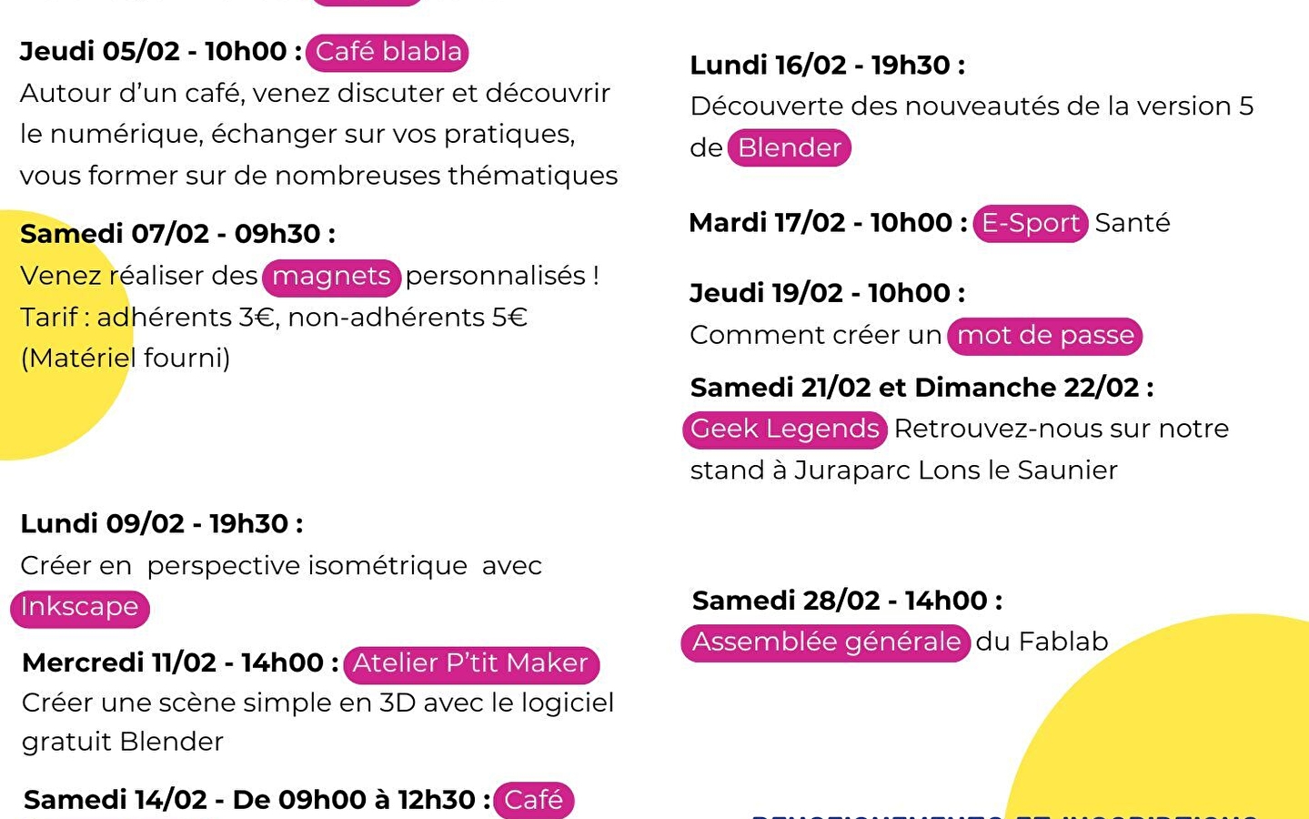 Programmation ateliers Fablab février 2026